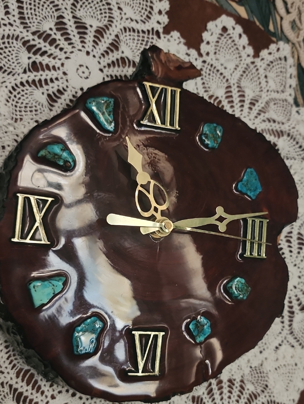 Handcrafted Brown Wood Wall Clock with Turquoise Accents